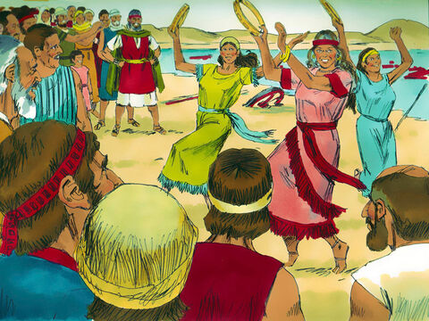 A irmã de Arão, o profeta, Miriã e as mulheres pegaram pandeiros e levaram todos a dançar para comemorar. – Slide número 21