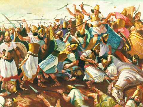 Aconteceu uma batalha terrível, e Deus deu a Israel uma vitória tremenda. – Slide número 18