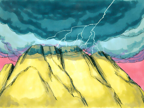 Na manhã do terceiro dia, houve trovões e relâmpagos e uma nuvem densa sobre a montanha. – Slide número 9