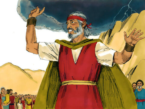 Moisés desceu para avisar a todos que a montanha era sagrada e que eles não deveriam se aproximar mais. Então ele e Arão subiram de volta ao topo. – Slide número 14