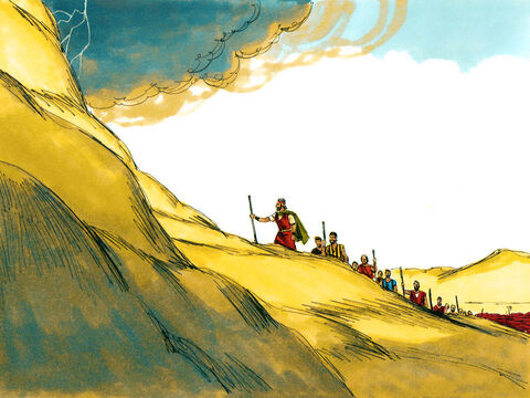 Moisés então conduziu os líderes montanha acima onde eles viram Deus, mas Ele poupou suas vidas. Sob os pés de Deus, havia algo que parecia um pavimento de mármore azul brilhante. Os líderes comeram e beberam na montanha. – Slide número 30