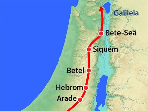 Eles se movimentaram para o norte através da região montanhosa onde viviam os hititas, jebuseus e amorreus e, depois, em torno do rio Jordão e do lago da Galileia, onde viram os cananeus. – Slide número 7