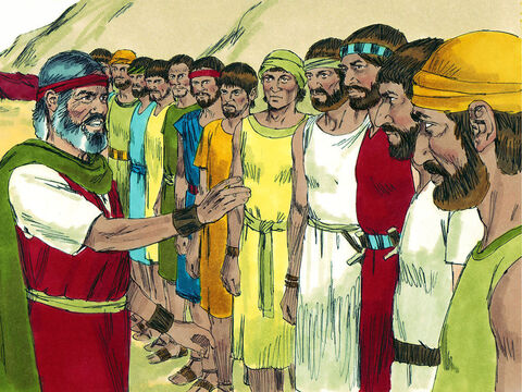 Moisés escolheu um líder de cada tribo. (Seus nomes eram Samua, Safate, Calebe, Gadiel, Josué, Palti, Jigeal, Gadi, Amiel, Setur, Nabi e Geuel). – Slide número 3