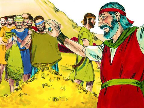 Todas as manhãs, as pessoas vinham trazer seus presentes. Logo eles reuniram mais do que precisavam e Moisés disse-lhes que parassem de dar. – Slide número 9