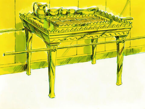 Êxodo 37: 10 -16 Uma mesa feita de madeira de acácia coberta com ouro foi feita para o Lugar Santo. Ela também tinha varas douradas para ser carregada. Tinha pratos e tigelas, todos feitos de ouro. Eram colocados na mesa a cada semana, 12 pães representando as 12 tribos de Israel. – Slide número 17