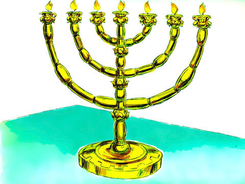 Um candelabro com sete braços, de ouro puro, foi feito para iluminar o Santo Lugar. – Slide número 18
