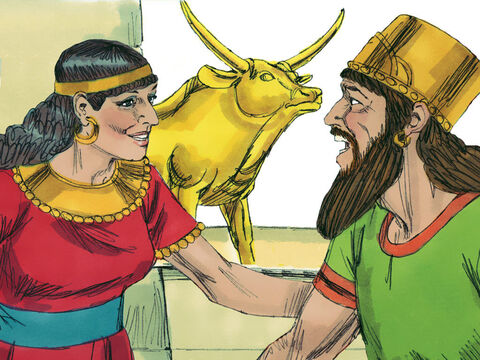 A Bíblia diz que o rei Acabe, incentivado por Jezabel, sua esposa, comportou-se da maneira mais perversa adorando ídolos. – Slide número 1