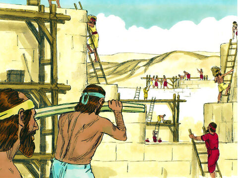 Apesar de serem ridicularizados por seus inimigos, os construtores começaram a trabalhar na reconstrução dos muros de Jerusalém. Cada família ou grupo reparou uma seção do muro. – Slide número 1