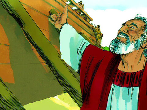 Imediatamente, Noé e seus filhos começaram a construir o enorme barco em forma de caixa. – Slide número 6