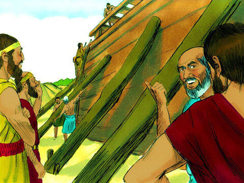 As pessoas iníquas ao redor se perguntavam o que Noé e seus filhos estavam fazendo. – Slide número 7