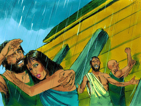 Deus fechou então a porta da arca e a chuva começou a cair. Por 40 dias choveu forte – Slide número 10