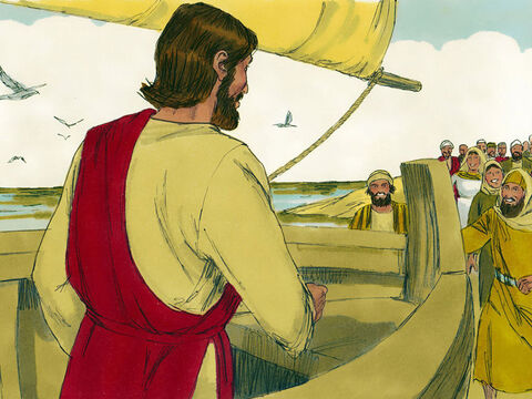 Então Jesus entrou em um barco que estava ancorado perto da margem enquanto as multidões ficaram em pé na beira do lago. Jesus então lhes contou esta parábola. – Slide número 2