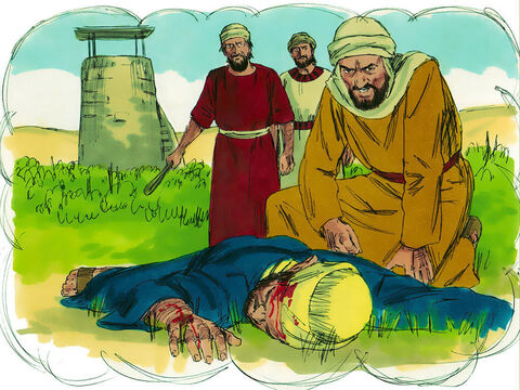 Entretanto, os lavradores disseram uns aos outros:<br/>– Este é o herdeiro. Vamos matá-lo para que herdemos a terra.<br/>Então eles agarraram o filho, o mataram e jogaram seu corpo fora da vinha. – Slide número 11