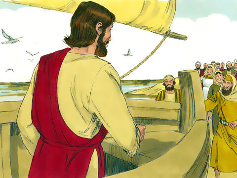 Uma grande multidão se reuniu à beira-mar e Jesus ensinava-os de um barco. Ele contava parábolas para ajudá-los a entender como é o Reino dos Céus. – Slide número 1