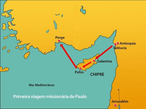 Paulo, Barnabé e Marcos zarparam de Pafos, em Chipre, em direção ao porto de Pérgamo. – Slide número 1