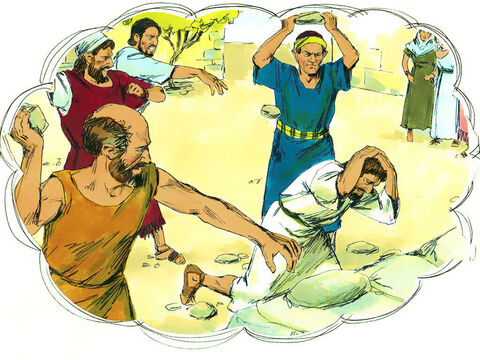 Uma turba de gentios e judeus, junto com seus líderes, planejou atacar e apedrejar Paulo e Barnabé. – Slide número 14