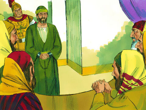 No dia seguinte, o comandante ordenou que os principais sacerdotes se reunissem com o sumo conselho judeu. Ele queria descobrir qual era o problema e trouxe Paulo diante deles. – Slide número 14