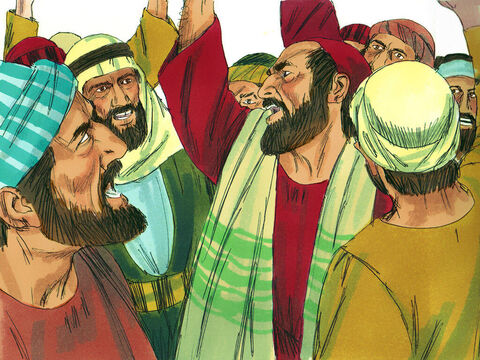 Na manhã seguinte, um grupo de judeus se reuniu e jurou não comer nem beber até que matassem Paulo. – Slide número 19