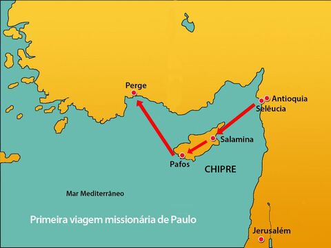 Em Pafos, Paulo, Barnabé e Marcos embarcaram em um navio para Perge, para continuar suas viagens. – Slide número 19