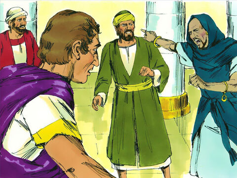 Um feiticeiro judeu e falso profeta, Bar-Jesus (também chamado de Elimas), se opôs ao que Paulo e Barnabé estavam dizendo ao Procônsul. Paulo, cheio do Espírito Santo, olhou diretamente para Elimas. – Slide número 16