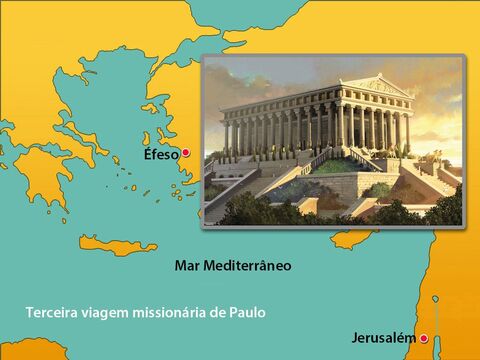 Em Éfeso ficava o templo da deusa grega Ártemis (adorada pelos romanos como a deusa Diana). Pessoas de toda a região vinham adorar no Templo. – Slide número 2