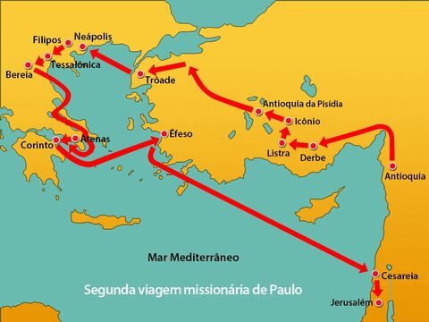 Enquanto isso, o navio de Paulo atracou em Cesareia e ele viajou para Jerusalém. – Slide número 11