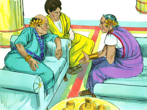 Poucos dias depois, o rei Agripa chegou com sua irmã, Berenice, para apresentar seus respeitos a Festo. Eles discutiram o caso de Paulo. “Eu mesmo gostaria de ouvir o homem”, disse Agripa. Festo respondeu: “Você vai ouvi-lo, amanhã!” – Slide número 5