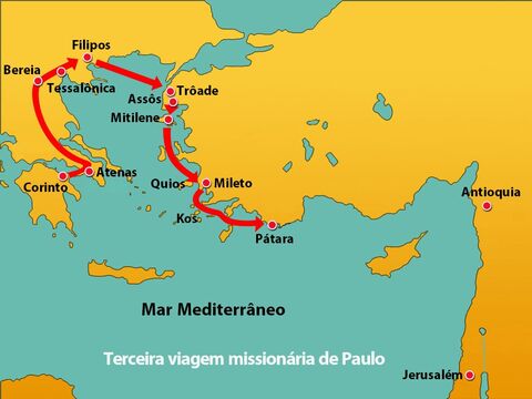 Depois de se despedir dos anciãos de Éfeso, Paulo navegou direto para a ilha de Cós. No dia seguinte, eles chegaram a Rodes e depois foram para Pátara. – Slide número 1