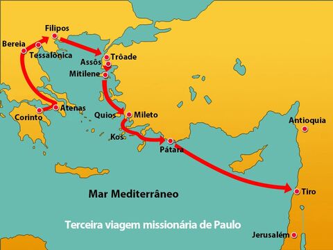 Eles avistaram a ilha de Chipre, passando a sua esquerda, e então se dirigiram ao porto de Tiro, na Síria. O navio atracou por um tempo para descarregar sua carga. – Slide número 3