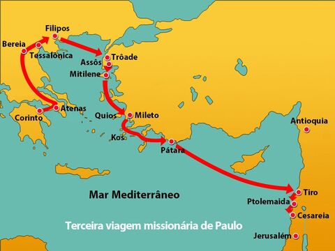 A próxima parada após deixar Tiro foi em Ptolemaida, onde eles saudaram os cristãos e ali permaneceram por um dia, antes de navegarem para Cesareia. – Slide número 6