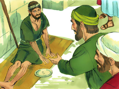 Enquanto estavam em Listra, Paulo e Barnabé viram um homem coxo de nascença. Ele estava sentado e ouvindo enquanto Paulo pregava. Paulo olhou para ele e soube que ele tinha fé para ser curado. – Slide número 2