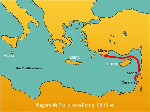 Partindo para o mar novamente, eles encontraram fortes ventos contrários que dificultavam manter o navio no curso. Passando por Chipre, eles navegaram ao longo da costa da Cilícia e da Panfília, desembarcando em Mirra. – Slide número 3