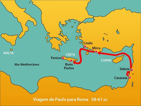 No entanto, o vento estava contra eles, então eles navegaram para o sul para Creta e finalmente chegaram a Bons Portos. – Slide número 6