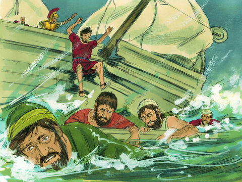 Então ele ordenou que todos os que pudessem nadar pulassem primeiro na água e fossem para a terra. Os outros agarraram-se em pranchas ou destroços do navio. – Slide número 26