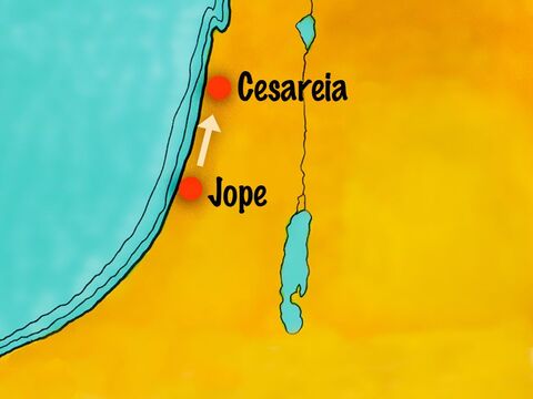 No dia seguinte, Pedro e vários cristãos de Jope partiram com os mensageiros para visitar Cornélio, em Cesareia. – Slide número 10
