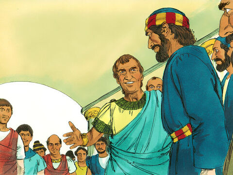 Cornélio reuniu seus parentes e amigos íntimos. Quando Pedro chegou, Cornélio ajoelhou-se diante dele, mas Pedro disse: “Levante-se, sou apenas um homem”. – Slide número 11