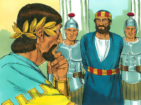 Em seguida, Herodes Agripa mandou prender Pedro e colocá-lo na prisão. Após a festa da Páscoa, Herodes pretendia colocá-lo em julgamento perante o público. Pedro era vigiado 24 horas por dia por quatro esquadrões de quatro soldados. – Slide número 2