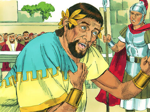 Algum tempo depois, Herodes Agripa foi a Cesareia e, usando suas vestes reais, fez um discurso público. A multidão que estava ouvindo gritou: “Esta é a voz de um deus, não de um homem”. O rei Herodes Agripa gostou da lisonja. Imediatamente, um anjo do Senhor o abateu e ele morreu. – Slide número 12