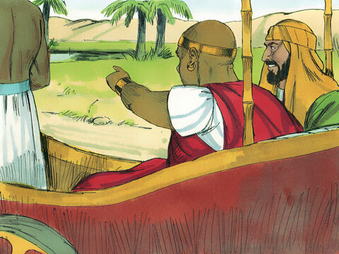 Enquanto viajavam pela estrada, o etíope disse: “Olha, aqui há um pouco de água. O que me impede de ser batizado?”. Ele deu ordens para parar a carruagem. – Slide número 9