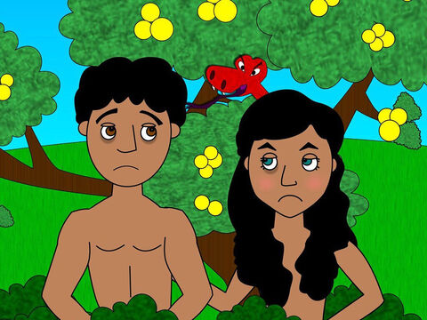 Mas quando Adão e Eva haviam comido o fruto, de repente, eles perceberam que estavam nus e ficaram com vergonha e com medo. – Slide número 7