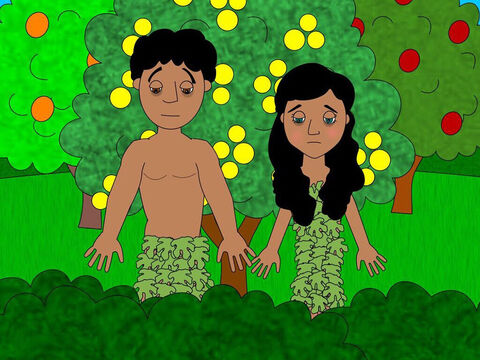 Os dois juntaram algumas folhas de figo de uma árvore próxima e fizeram roupas para cobrir seus corpos. – Slide número 8