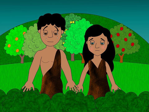 Depois, Deus vestiu Adão e Eva com a pele de animal e os expulsou do belo jardim, já que Ele não queria que eles comessem da árvore da vida e vivessem para sempre em pecado. – Slide número 13