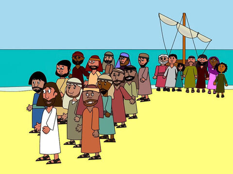 Certo dia, quando Jesus parou na Galileia de barco, havia muitas pessoas aguardando para o encontrar. Todos queria ver Jesus. – Slide número 1