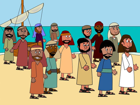 Certo dia, Jesus viajou de barco com Seus discípulos e cruzaram um lago chamado Galileia. – Slide número 1