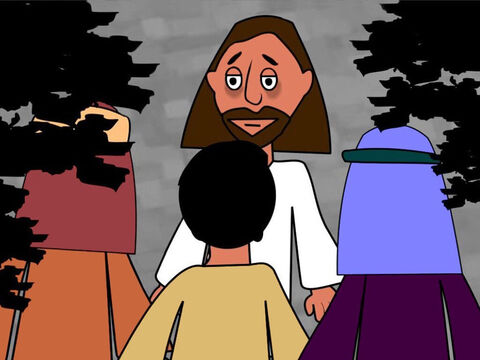 Depois, Jesus levou os discípulos ao jardim chamado Getsêmani. Ele separou Pedro, Tiago e João dos demais.<br/>– Eu estou muito, muito triste. Fiquem aqui, vigiem e orem – Ele disse aos três. – Slide número 3