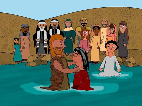 João, o Batista, começou seu trabalho para Deus no deserto. Todos os dias vinham pessoas a ele e eram batizadas no rio Jordão para o perdão de seus pecados. – Slide número 1
