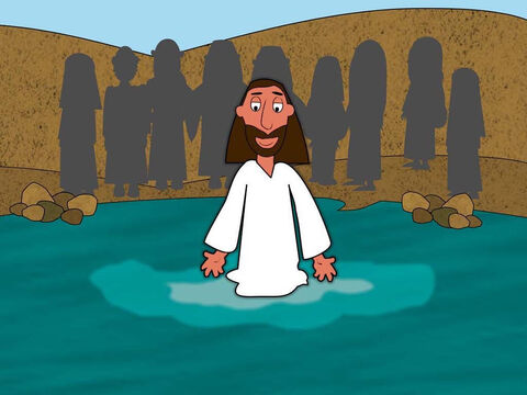 Um dia, enquanto João estava batizando, Jesus veio ao rio. Ele entrou na água em direção a João porque Ele queria ser batizado. – Slide número 2