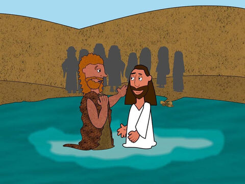 João não queria batizar Jesus porque ele sabia que Jesus nunca havia pecado. Mas Jesus lhe disse:<br/>– Deixe que seja assim porque devemos fazer tudo o que Deus nos pede para fazer. – Slide número 3