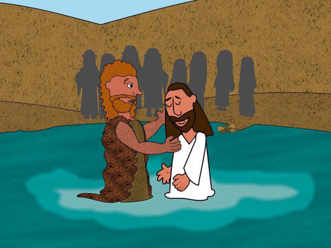 Assim, João obedeceu e batizou Jesus no rio Jordão na frente de todos. – Slide número 4