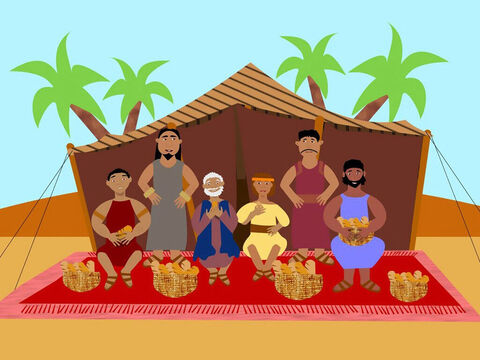 Desse modo, Jacó e os irmãos que haviam voltado do Egito ficaram em Canaã com alimento suficiente para comer. O pobre Simeão permanecia preso no Egito. – Slide número 12